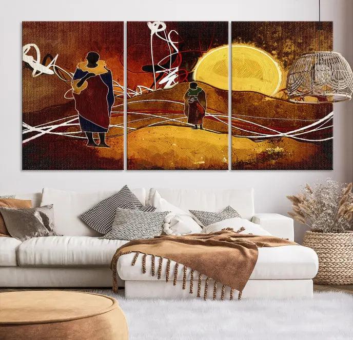 This Sun and African People Wall Art Canvas Print features abstract figures with a prominent yellow sun and dynamic lines. It is crafted on museum-quality canvas with a UV-protective coating and arrives ready to hang.