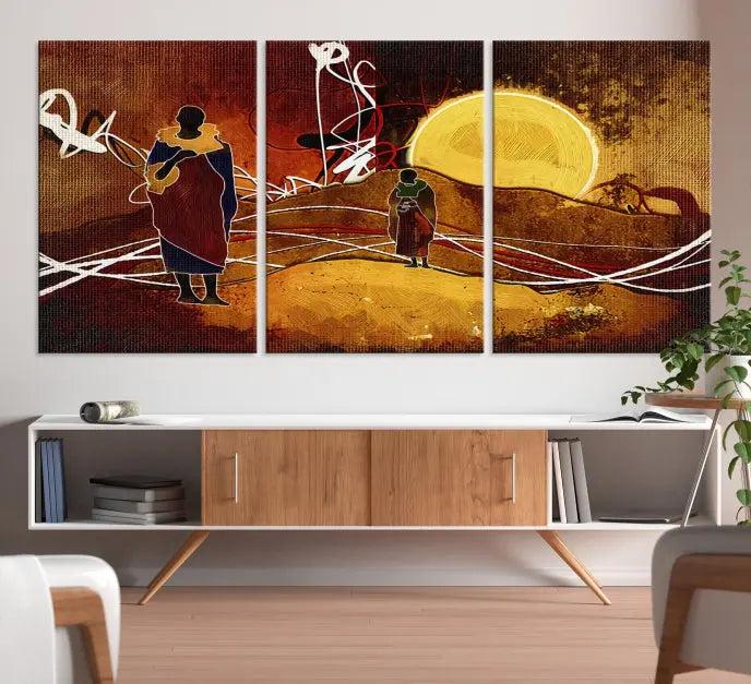 This Sun and African People Wall Art Canvas Print features abstract figures with a prominent yellow sun and dynamic lines. It is crafted on museum-quality canvas with a UV-protective coating and arrives ready to hang.