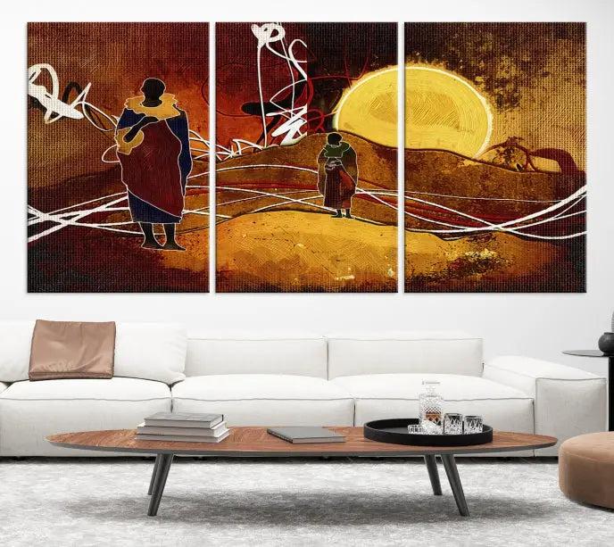 This Sun and African People Wall Art Canvas Print features abstract figures with a prominent yellow sun and dynamic lines. It is crafted on museum-quality canvas with a UV-protective coating and arrives ready to hang.