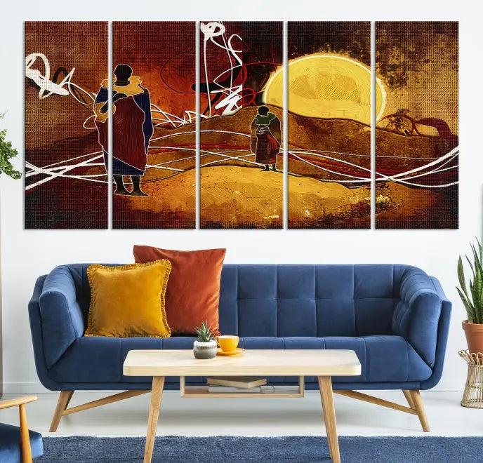 This Sun and African People Wall Art Canvas Print features abstract figures with a prominent yellow sun and dynamic lines. It is crafted on museum-quality canvas with a UV-protective coating and arrives ready to hang.