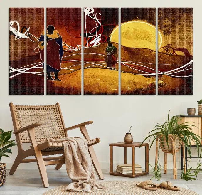 This Sun and African People Wall Art Canvas Print features abstract figures with a prominent yellow sun and dynamic lines. It is crafted on museum-quality canvas with a UV-protective coating and arrives ready to hang.