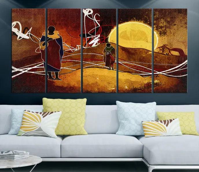 This Sun and African People Wall Art Canvas Print features abstract figures with a prominent yellow sun and dynamic lines. It is crafted on museum-quality canvas with a UV-protective coating and arrives ready to hang.