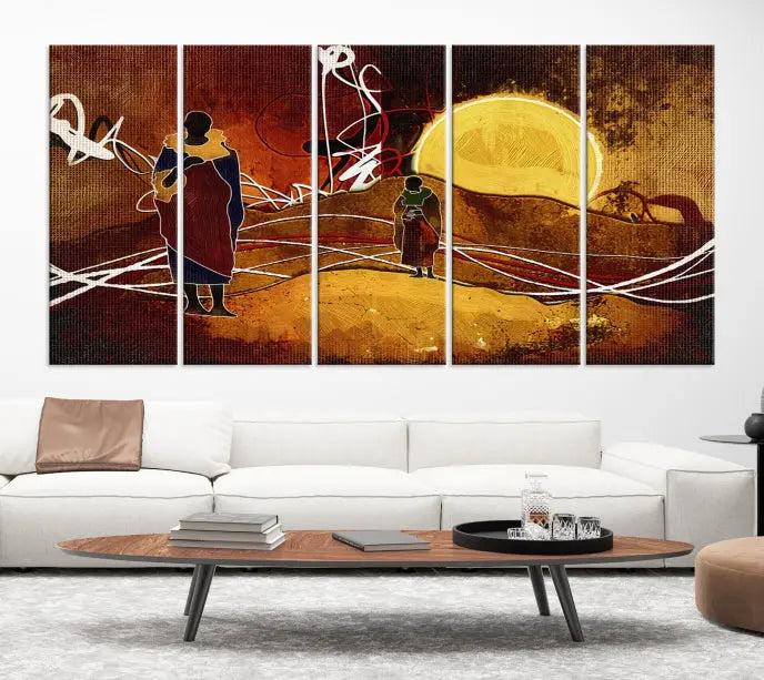 This Sun and African People Wall Art Canvas Print features abstract figures with a prominent yellow sun and dynamic lines. It is crafted on museum-quality canvas with a UV-protective coating and arrives ready to hang.