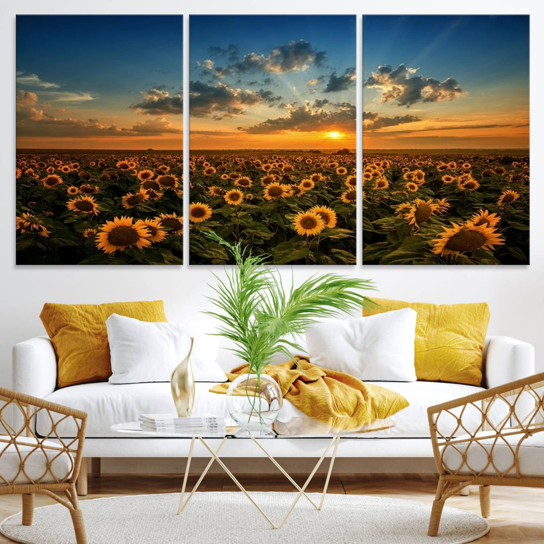Sunflower Field Sunset Wall Art Canvas Print, Framed Sunflower Field Canvas