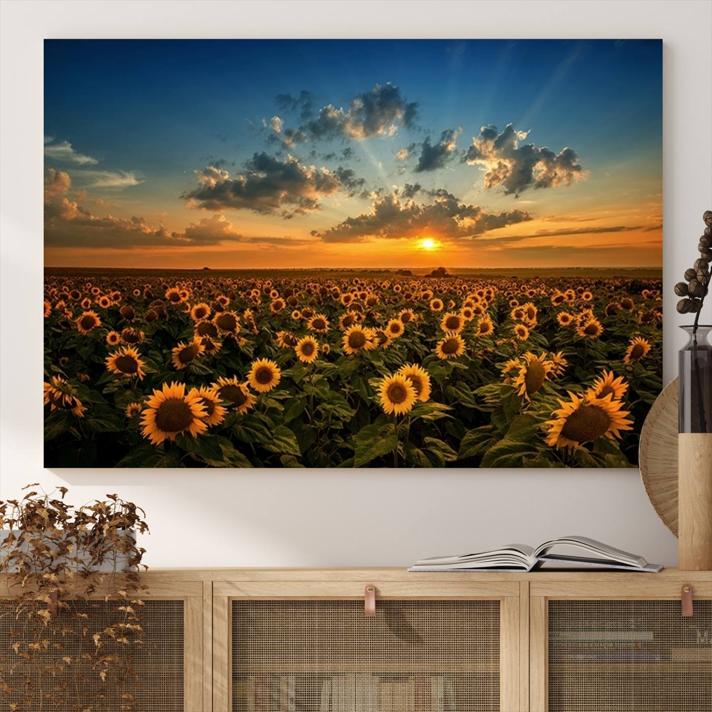 Sunflower Field Sunset Wall Art Canvas Print Wall Artwork, Framed Sunflower Field Canvas