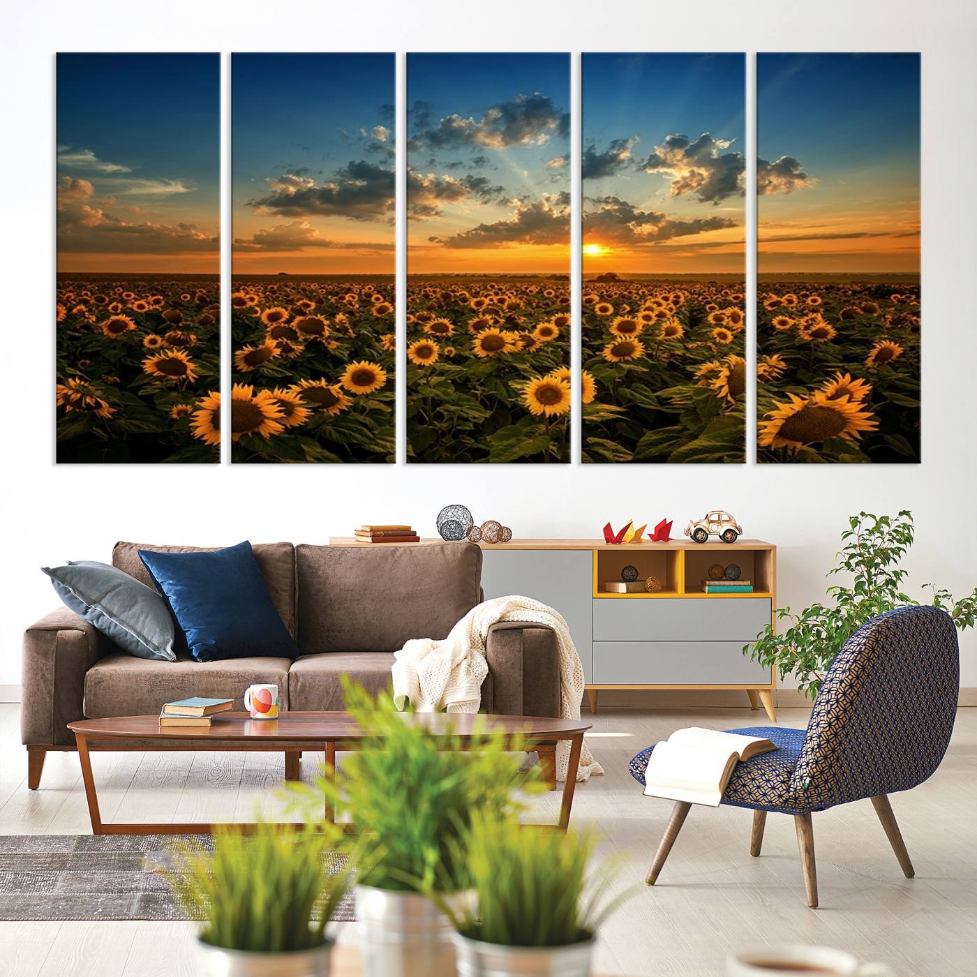 Sunflower Field Sunset Wall Art Canvas Print Wall Artwork, Framed Sunflower Field Canvas
