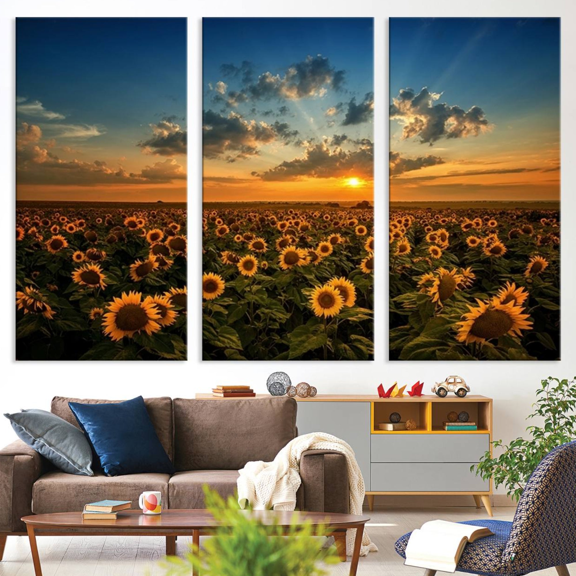 55189-MGV-CV-36X24-Sunflower Field Sunset Wall Art Canvas Print Wall Artwork, Framed Sunflower Field Canvas