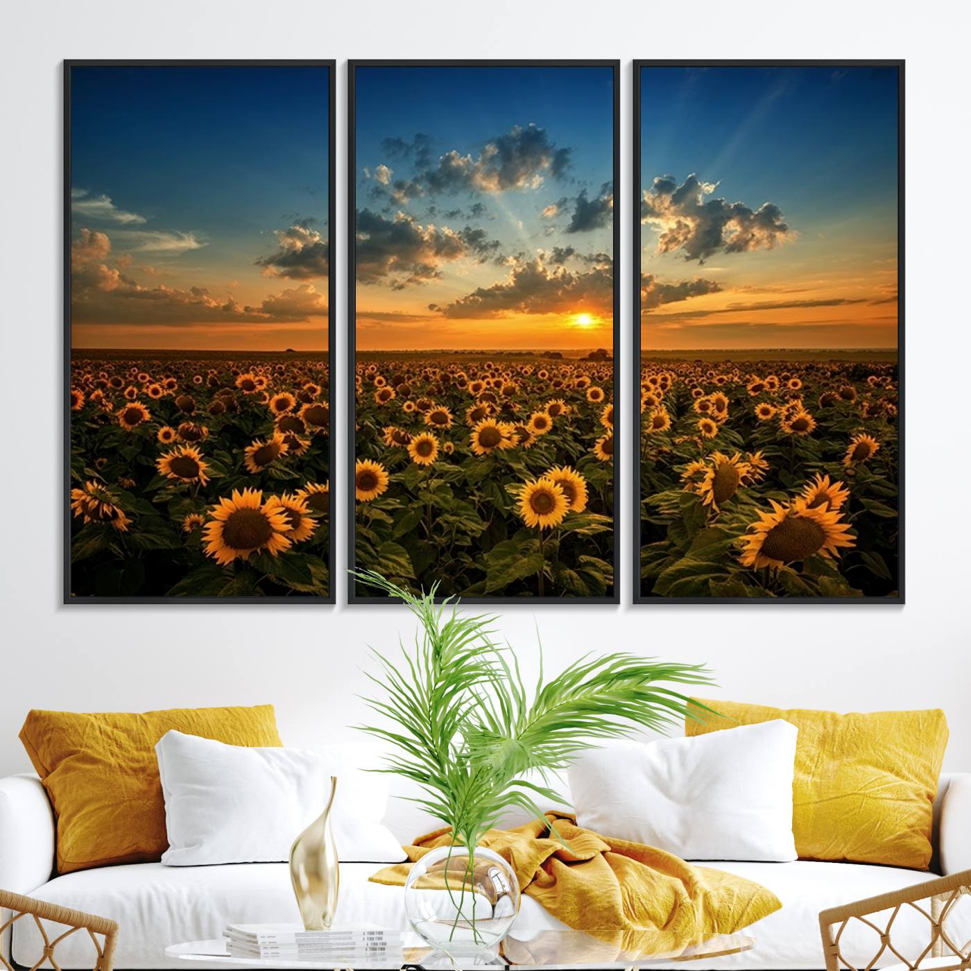 55189-MGV-FC-48X32-3P_Black-Sunflower Field Sunset Wall Art Canvas Print Wall Artwork, Framed Sunflower Field Canvas