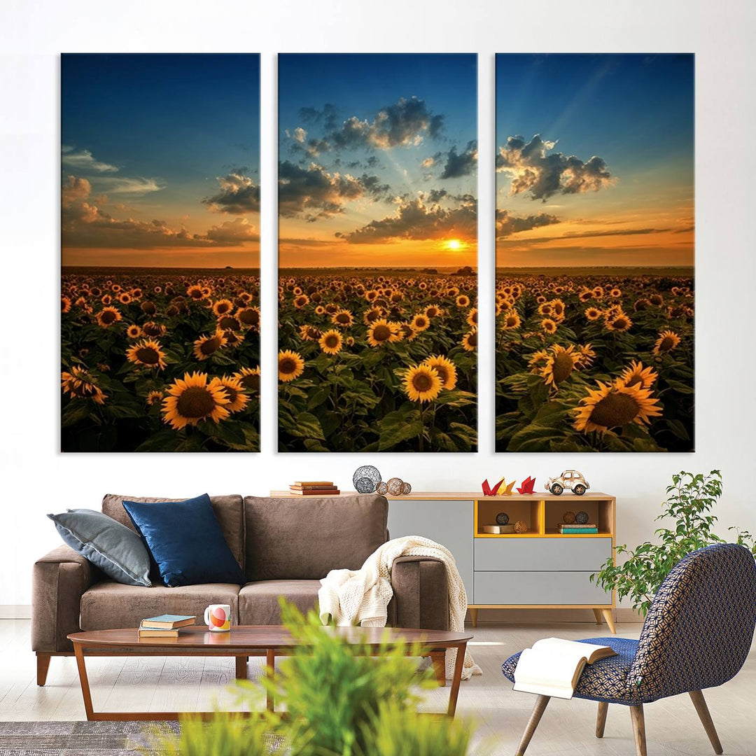 Sunflower Field Sunset Wall Art Canvas Print Wall Artwork, Framed Sunflower Field Canvas