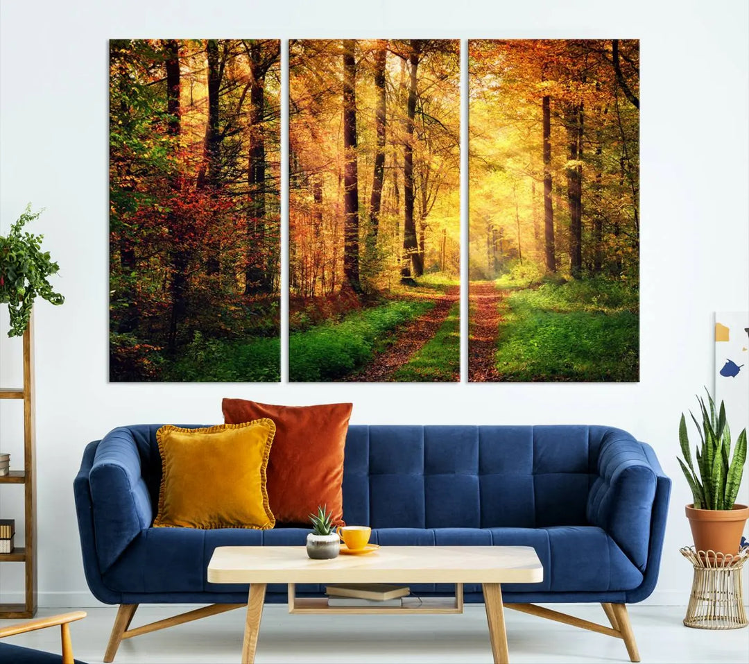 The Sunlight Through Trees Wall Art Canvas Print showcases a sunlit forest path in autumn on gallery-wrapped, museum-quality canvas with UV-protective coating.