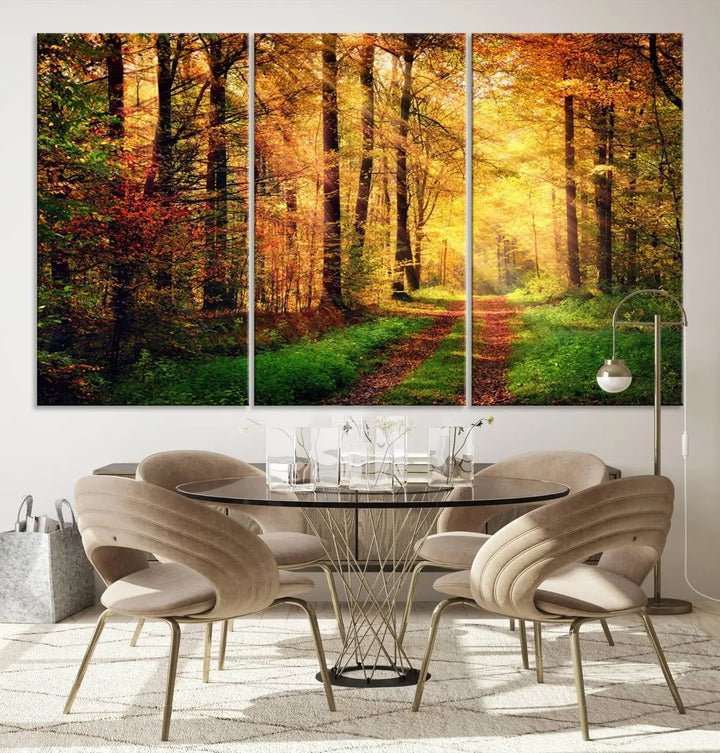 The Sunlight Through Trees Wall Art Canvas Print showcases a sunlit forest path in autumn on gallery-wrapped, museum-quality canvas with UV-protective coating.