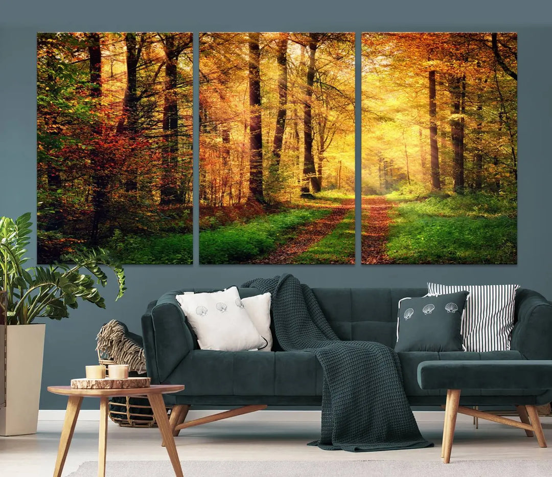 The Sunlight Through Trees Wall Art Canvas Print showcases a sunlit forest path in autumn on gallery-wrapped, museum-quality canvas with UV-protective coating.