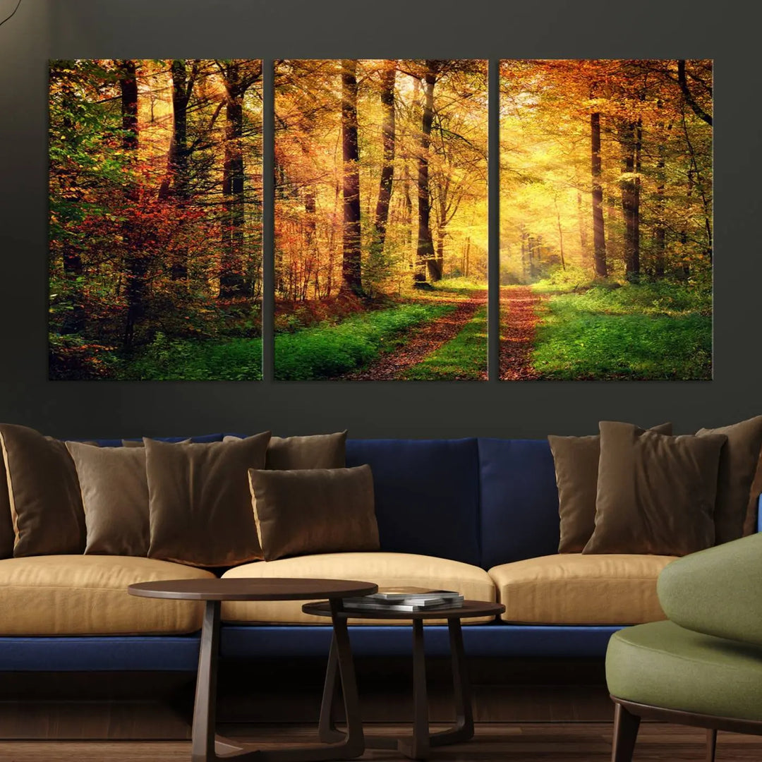 The Sunlight Through Trees Wall Art Canvas Print showcases a sunlit forest path in autumn on gallery-wrapped, museum-quality canvas with UV-protective coating.