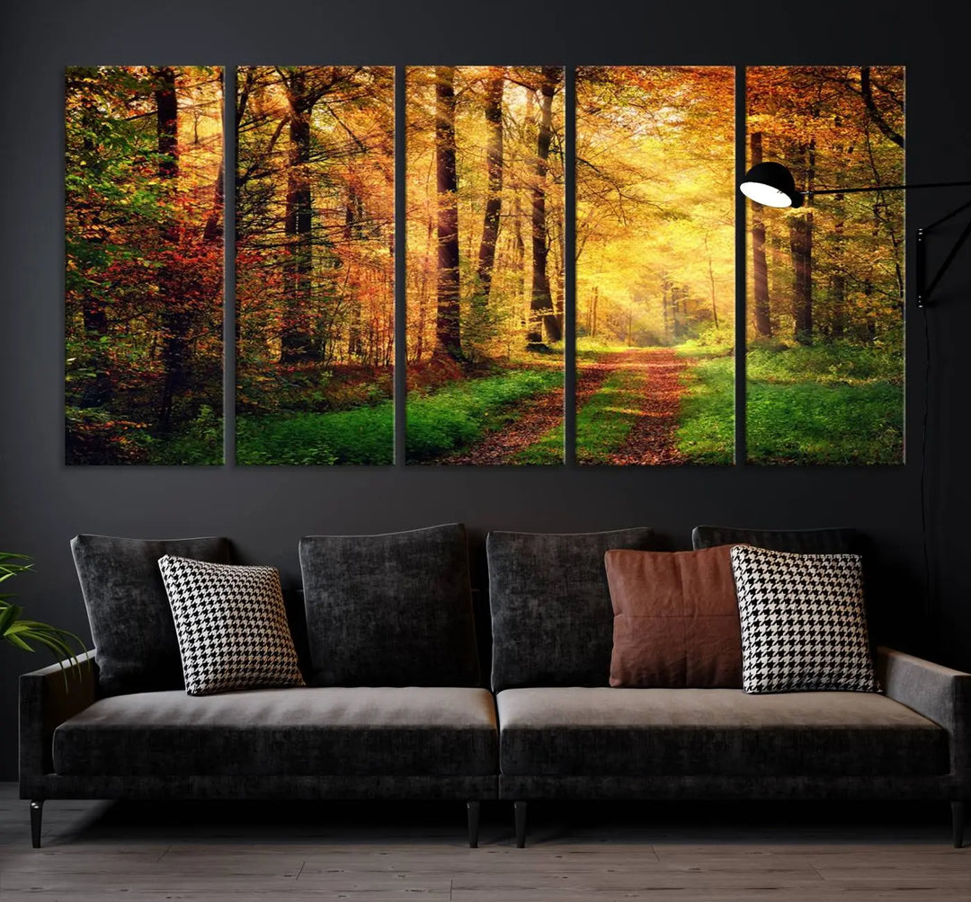 The Sunlight Through Trees Wall Art Canvas Print showcases a sunlit forest path in autumn on gallery-wrapped, museum-quality canvas with UV-protective coating.