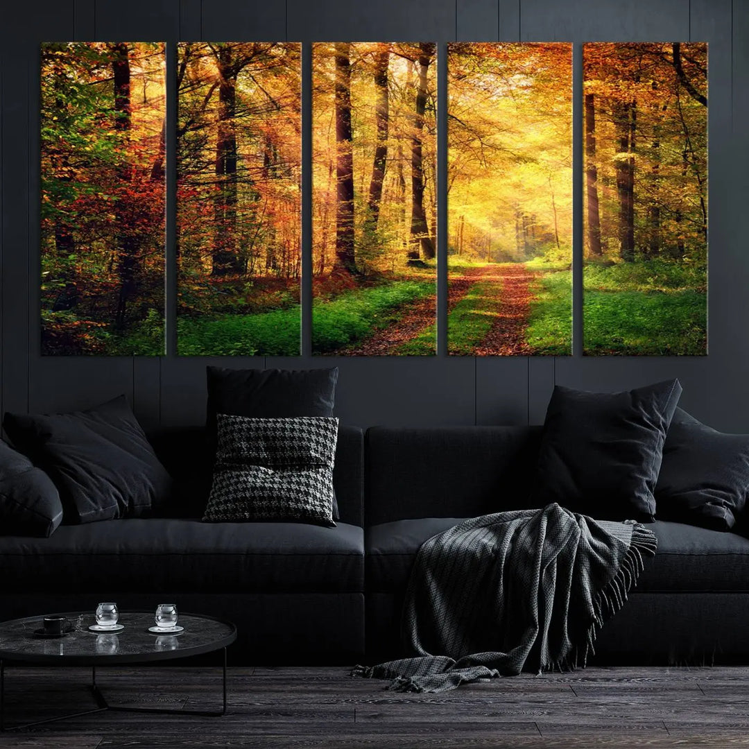 The Sunlight Through Trees Wall Art Canvas Print showcases a sunlit forest path in autumn on gallery-wrapped, museum-quality canvas with UV-protective coating.