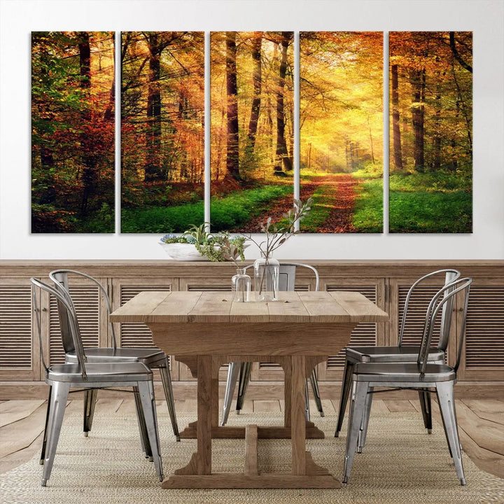 The Sunlight Through Trees Wall Art Canvas Print showcases a sunlit forest path in autumn on gallery-wrapped, museum-quality canvas with UV-protective coating.