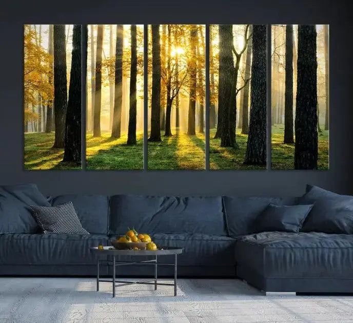 Sunlit Forest Canvas Wall Art – Serene Woodland Triptych Landscape Print – Nature-Inspired Decor for Living Room or Office – Ready to Hang