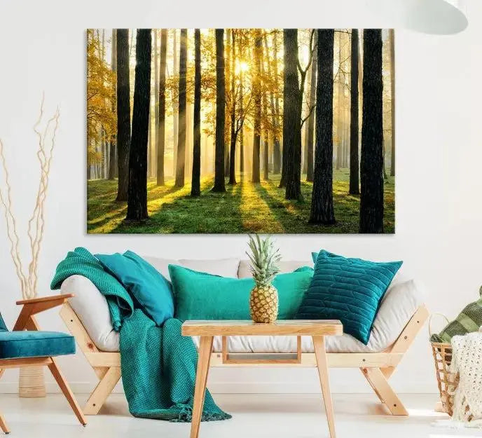 Sunlit Forest Canvas Wall Art – Serene Woodland Triptych Landscape Print – Nature-Inspired Decor for Living Room or Office – Ready to Hang