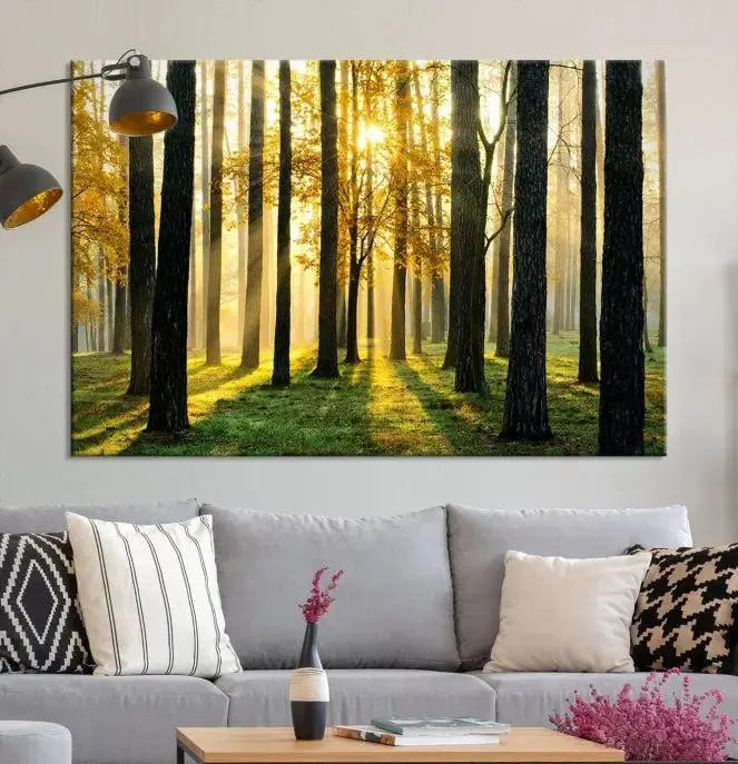 Sunlit Forest Canvas Wall Art – Serene Woodland Triptych Landscape Print – Nature-Inspired Decor for Living Room or Office – Ready to Hang