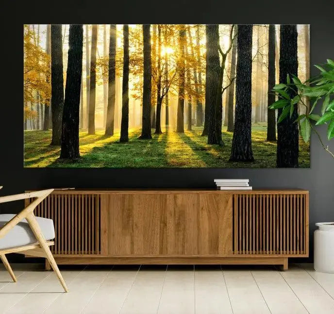 Sunlit Forest Canvas Wall Art – Serene Woodland Triptych Landscape Print – Nature-Inspired Decor for Living Room or Office – Ready to Hang
