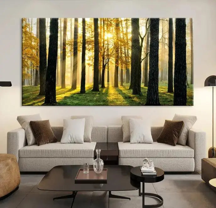 Sunlit Forest Canvas Wall Art – Serene Woodland Triptych Landscape Print – Nature-Inspired Decor for Living Room or Office – Ready to Hang