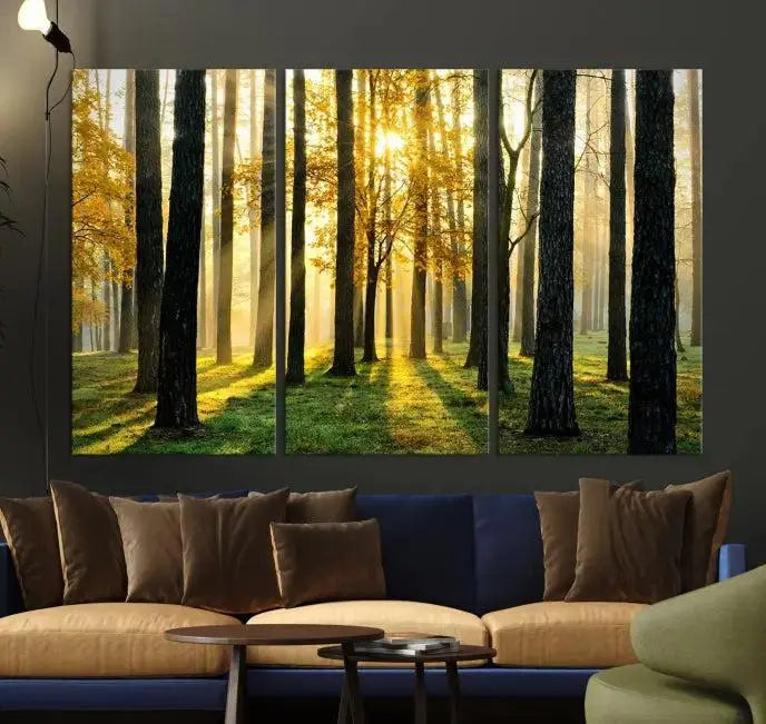 Sunlit Forest Canvas Wall Art – Serene Woodland Triptych Landscape Print – Nature-Inspired Decor for Living Room or Office – Ready to Hang