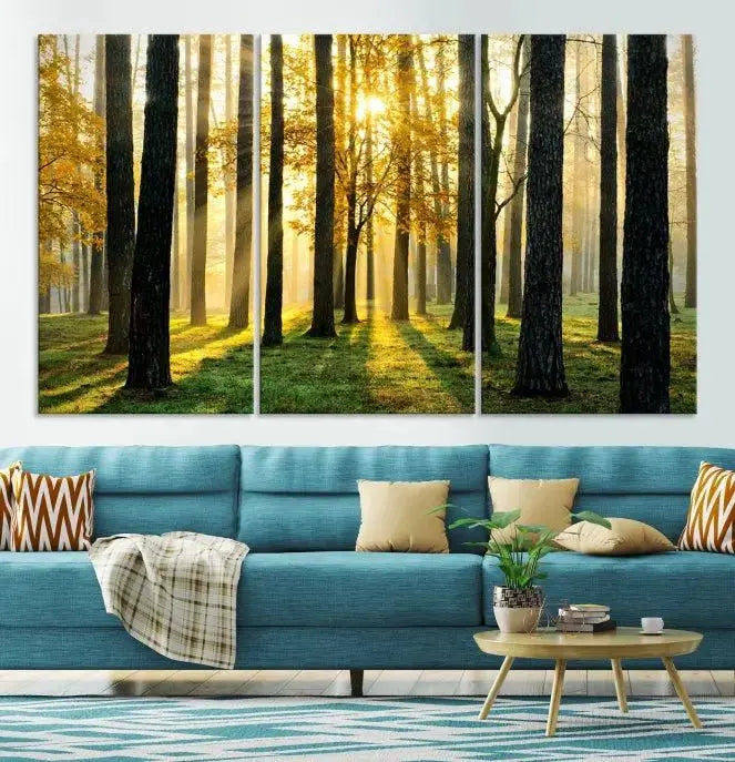 Sunlit Forest Canvas Wall Art – Serene Woodland Triptych Landscape Print – Nature-Inspired Decor for Living Room or Office – Ready to Hang