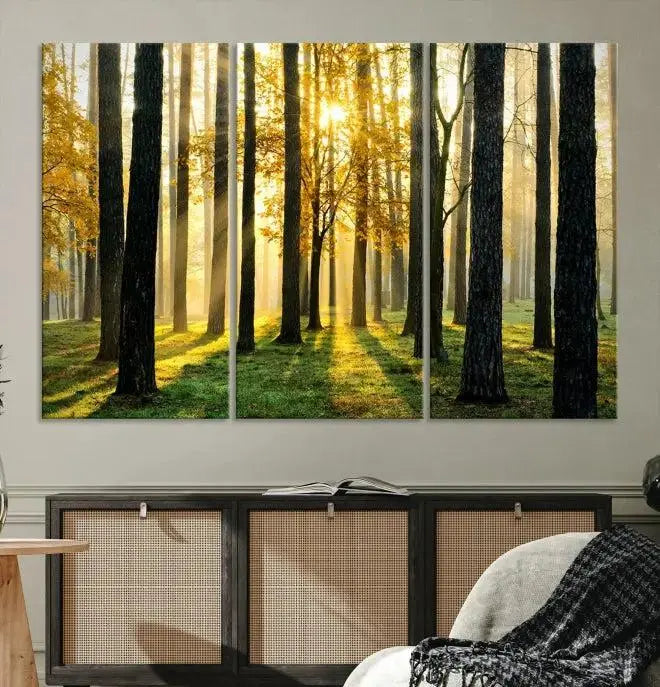Sunlit Forest Canvas Wall Art – Serene Woodland Triptych Landscape Print – Nature-Inspired Decor for Living Room or Office – Ready to Hang