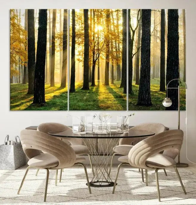 Sunlit Forest Canvas Wall Art – Serene Woodland Triptych Landscape Print – Nature-Inspired Decor for Living Room or Office – Ready to Hang