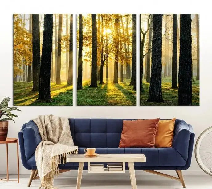 Sunlit Forest Canvas Wall Art – Serene Woodland Triptych Landscape Print – Nature-Inspired Decor for Living Room or Office – Ready to Hang