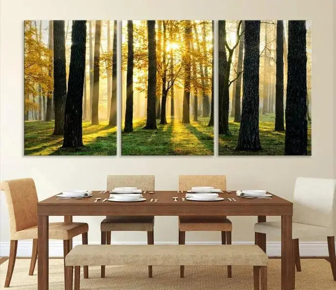 Sunlit Forest Canvas Wall Art – Serene Woodland Triptych Landscape Print – Nature-Inspired Decor for Living Room or Office – Ready to Hang