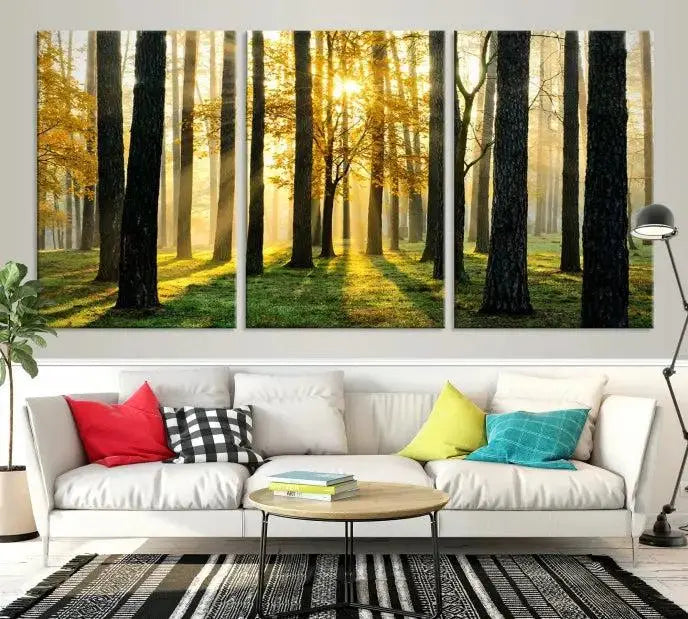 Sunlit Forest Canvas Wall Art – Serene Woodland Triptych Landscape Print – Nature-Inspired Decor for Living Room or Office – Ready to Hang