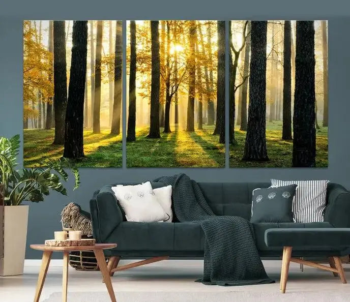 Sunlit Forest Canvas Wall Art – Serene Woodland Triptych Landscape Print – Nature-Inspired Decor for Living Room or Office – Ready to Hang