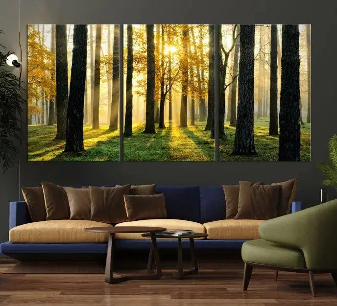 Sunlit Forest Canvas Wall Art – Serene Woodland Triptych Landscape Print – Nature-Inspired Decor for Living Room or Office – Ready to Hang