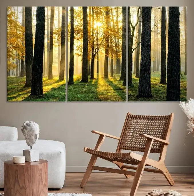 Sunlit Forest Canvas Wall Art – Serene Woodland Triptych Landscape Print – Nature-Inspired Decor for Living Room or Office – Ready to Hang