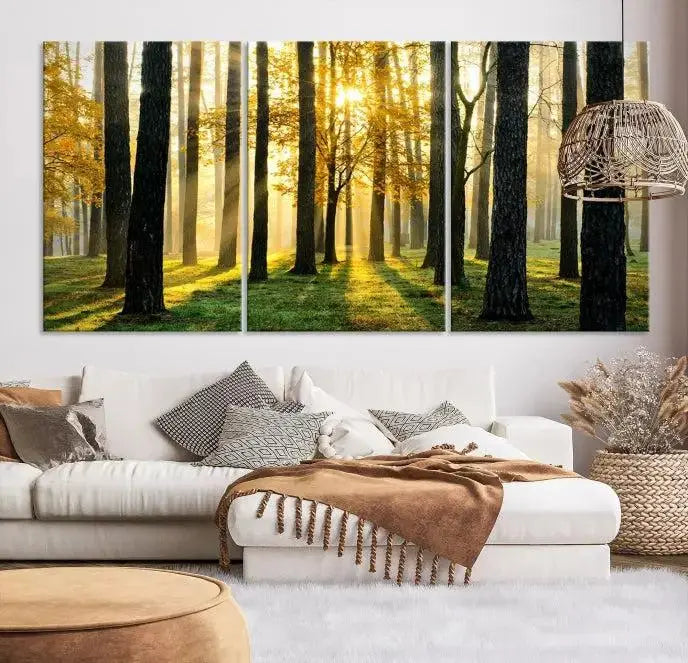 Sunlit Forest Canvas Wall Art – Serene Woodland Triptych Landscape Print – Nature-Inspired Decor for Living Room or Office – Ready to Hang