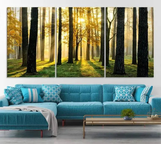 Sunlit Forest Canvas Wall Art – Serene Woodland Triptych Landscape Print – Nature-Inspired Decor for Living Room or Office – Ready to Hang