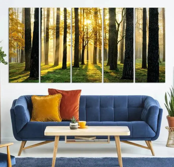 Sunlit Forest Canvas Wall Art – Serene Woodland Triptych Landscape Print – Nature-Inspired Decor for Living Room or Office – Ready to Hang