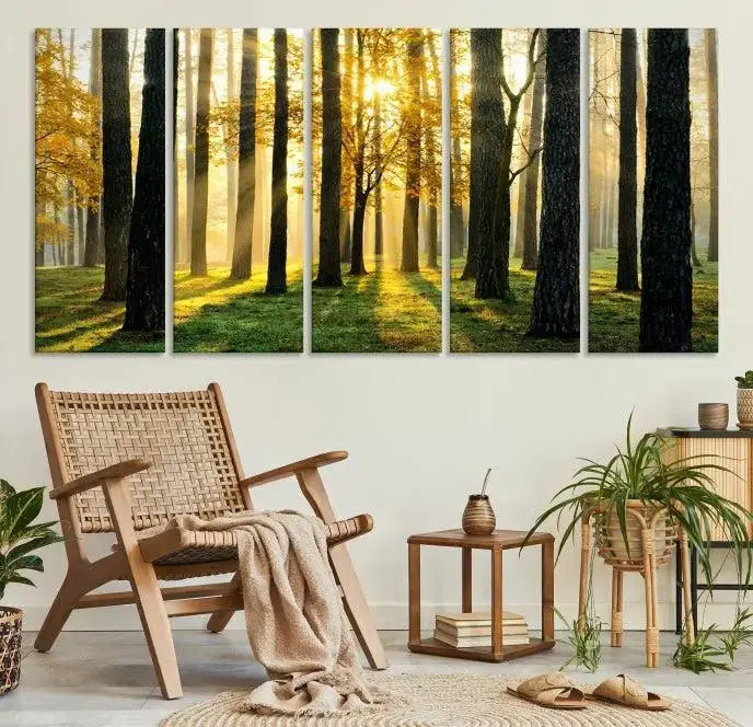 The space is enhanced by the Sunlit Forest Canvas Wall Art – Serene Woodland Triptych Landscape Print, adding warmth and serenity with its nature-inspired decor.