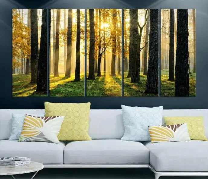 The space is enhanced by the Sunlit Forest Canvas Wall Art – Serene Woodland Triptych Landscape Print, adding warmth and serenity with its nature-inspired decor.