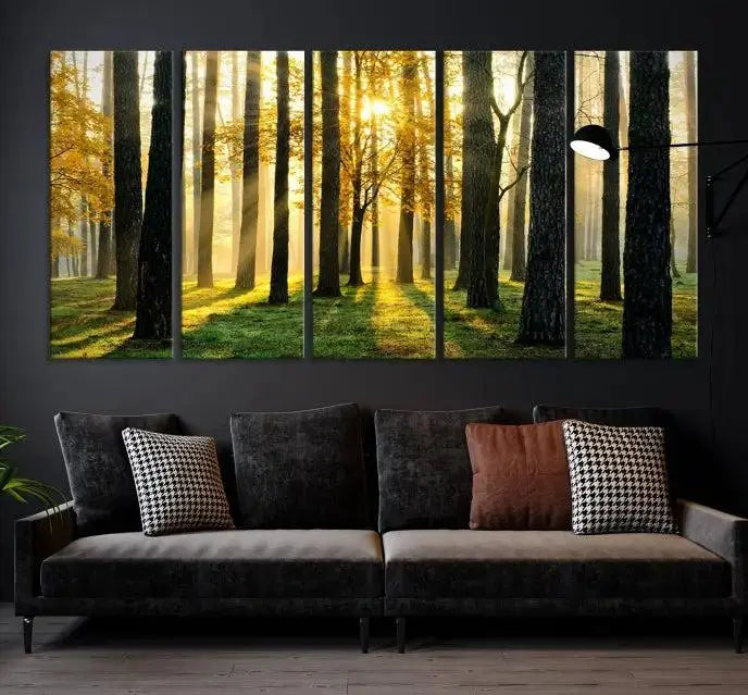 The space is enhanced by the Sunlit Forest Canvas Wall Art – Serene Woodland Triptych Landscape Print, adding warmth and serenity with its nature-inspired decor.