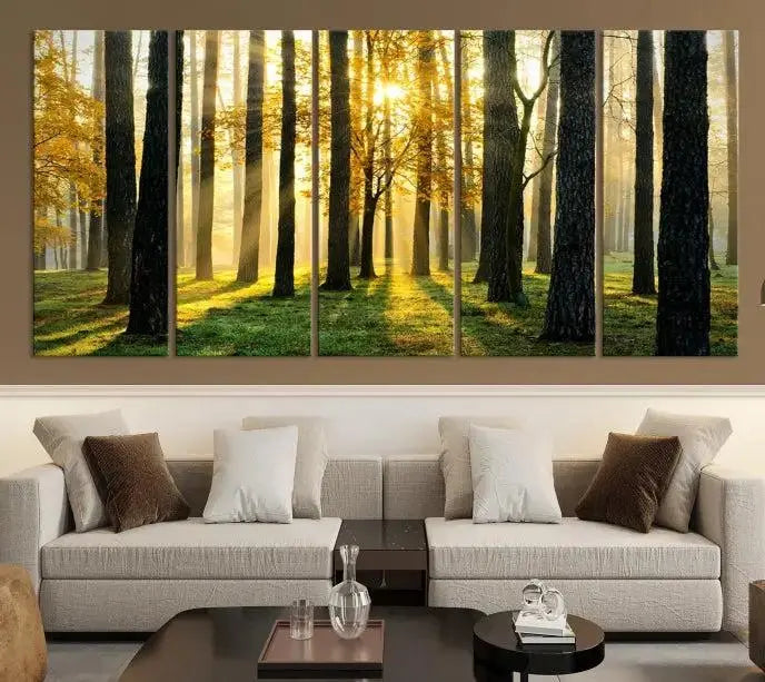 The space is enhanced by the Sunlit Forest Canvas Wall Art – Serene Woodland Triptych Landscape Print, adding warmth and serenity with its nature-inspired decor.