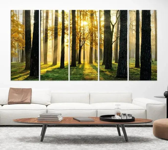 The space is enhanced by the Sunlit Forest Canvas Wall Art – Serene Woodland Triptych Landscape Print, adding warmth and serenity with its nature-inspired decor.