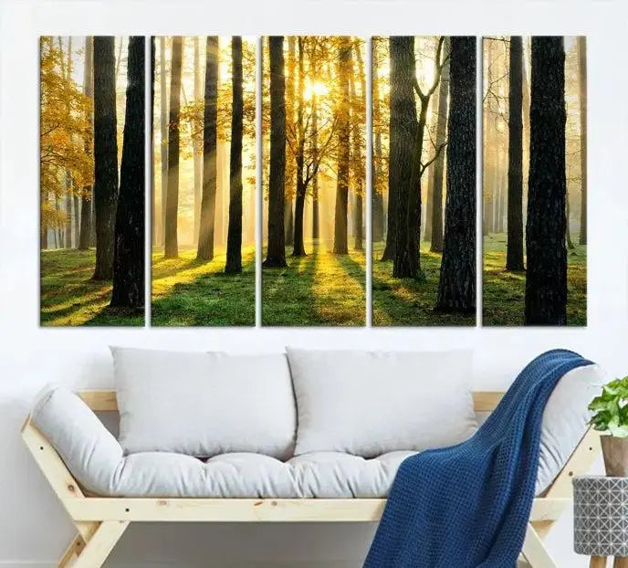 The space is enhanced by the Sunlit Forest Canvas Wall Art – Serene Woodland Triptych Landscape Print, adding warmth and serenity with its nature-inspired decor.