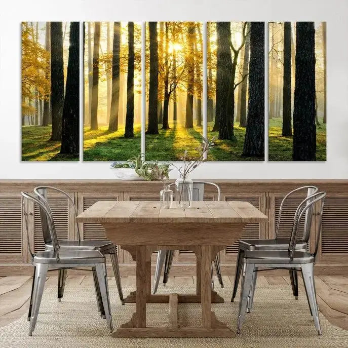 The space is enhanced by the Sunlit Forest Canvas Wall Art – Serene Woodland Triptych Landscape Print, adding warmth and serenity with its nature-inspired decor.