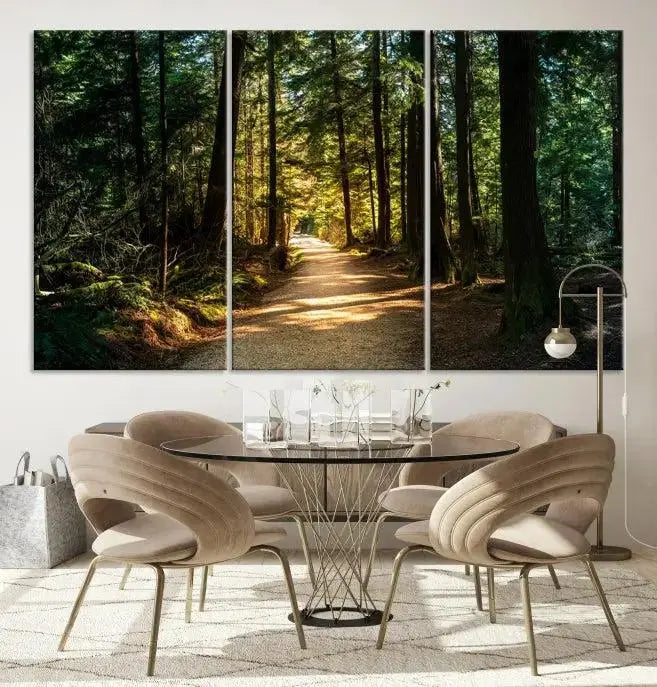 Sunlit Forest Pathway Canvas Print | 3 Panel Large Nature Wall Art for Living Room, Office, or Modern Space | Tranquil Scenic Forest, Ready