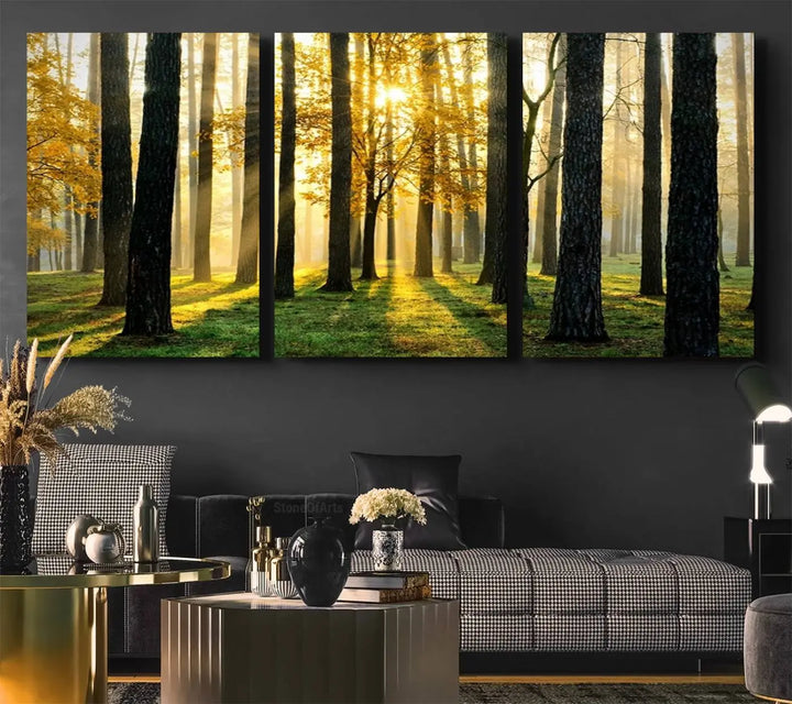 Sunlit Forest Wall Art Canvas Print - Large Framed Woodland Wall Art for Home or Office Decor, Rustic Nature Scene with Golden Light