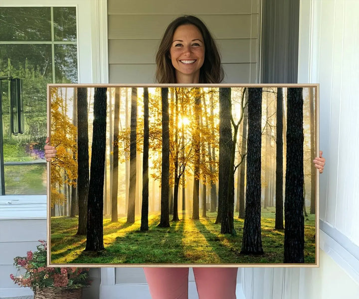 Sunlit Forest Wall Art Canvas Print - Large Framed Woodland Wall Art for Home or Office Decor, Rustic Nature Scene with Golden Light