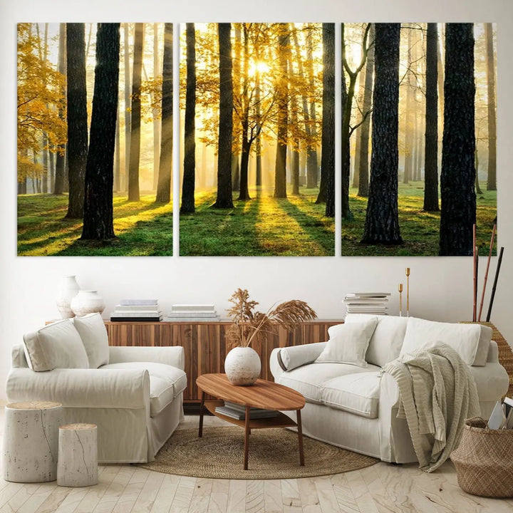 Sunlit Forest Wall Art Canvas Print - Large Framed Woodland Wall Art for Home or Office Decor, Rustic Nature Scene with Golden Light