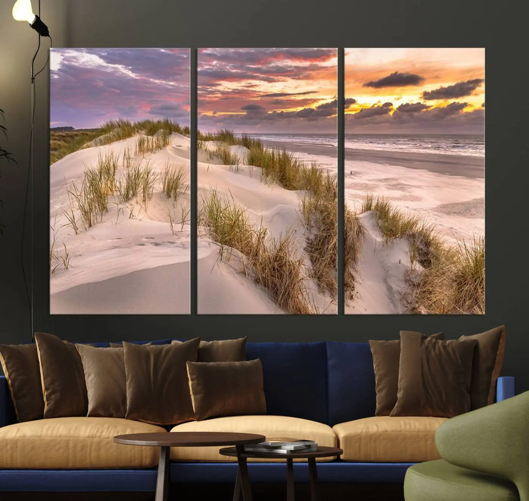 The exquisite "Sunrise On The Beach Wall Art Canvas Print," beautifully rendered on museum-quality canvas, adorns the space. This stunning piece by a professional craftsman is available with free shipping.